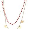 Elegante girocollo in argento dorato  925 composto con perline di pietra rossa e ciondoli